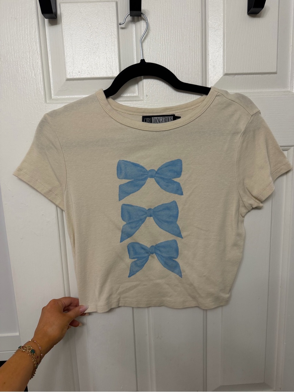Womens Cream Tee with Blue Bow Print